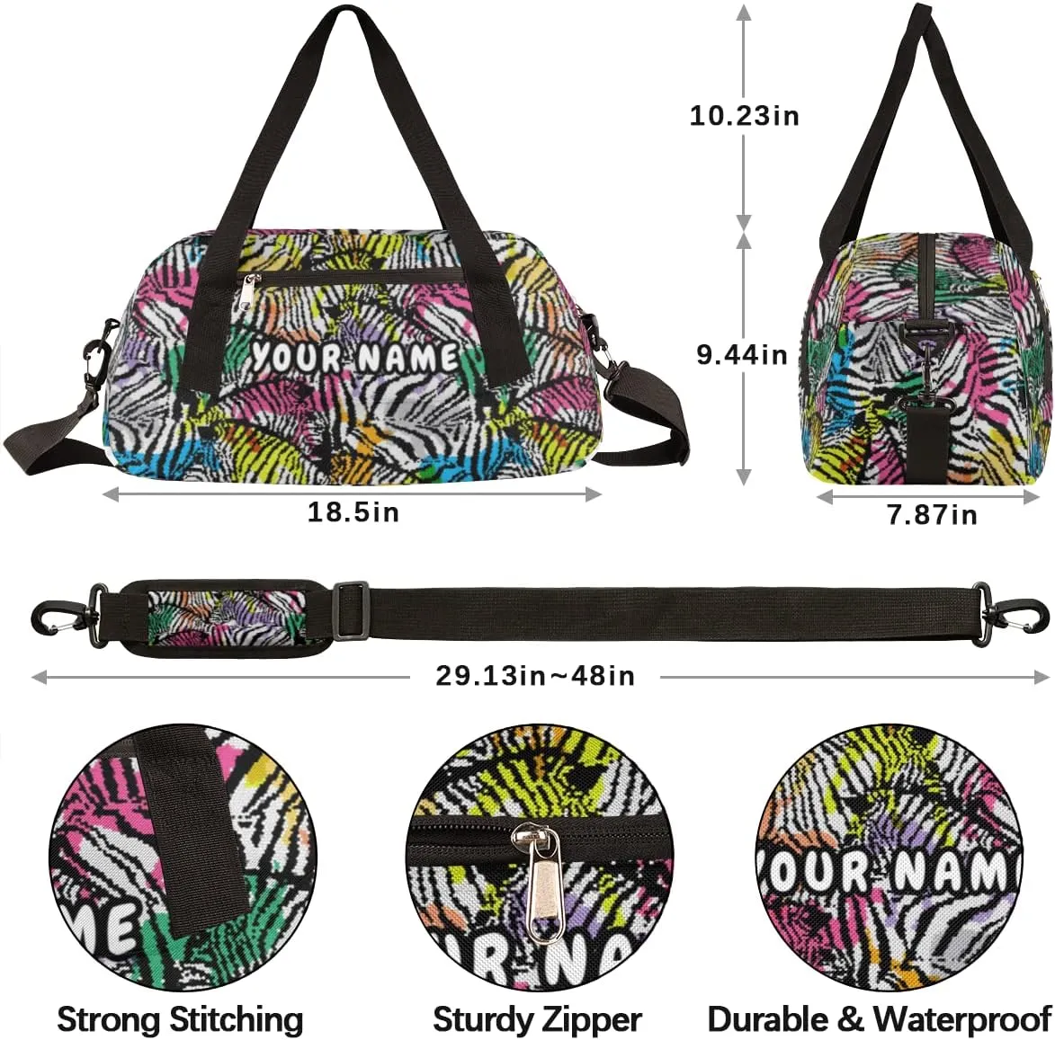 Zebra Print Personalized Kids Duffel Bag for Girls Boys, Zebra Customized Name Dance Bag Overnight Small Duffel Bag Carry On Weekend Sports Gym Travel Bag for School Practice Gymnastics Ballet