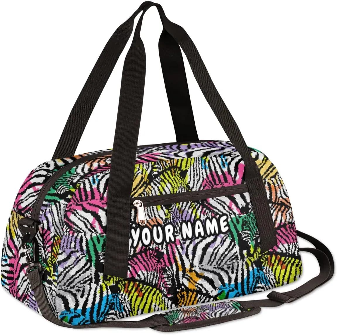 Zebra Print Personalized Kids Duffel Bag for Girls Boys, Zebra Customized Name Dance Bag Overnight Small Duffel Bag Carry On Weekend Sports Gym Travel Bag for School Practice Gymnastics Ballet
