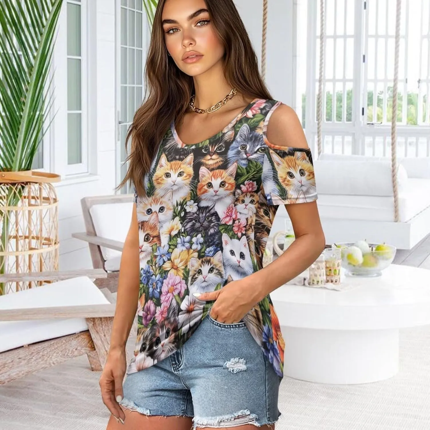 ZFRXIGN Cold Shoulder Tops for Women Size S-2XL Short Sleeve Shirts Going Out Top Square Neck Tee