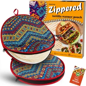 Zippered Tortilla Warmer Pouch 2 Pack - Fit 10’’ Burrito Size Tortillas, Insulated Fabric - Semicircular Zipper, Microwavable Steamer Portable Tortillero for Cookout Travel - Cinco de Mayo, 12 inch