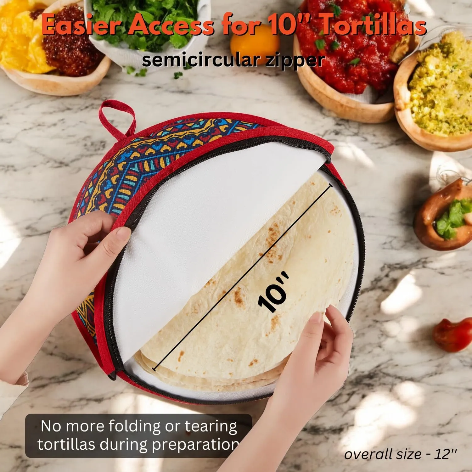 Zippered Tortilla Warmer Pouch 2 Pack - Fit 10’’ Burrito Size Tortillas, Insulated Fabric - Semicircular Zipper, Microwavable Steamer Portable Tortillero for Cookout Travel - Cinco de Mayo, 12 inch
