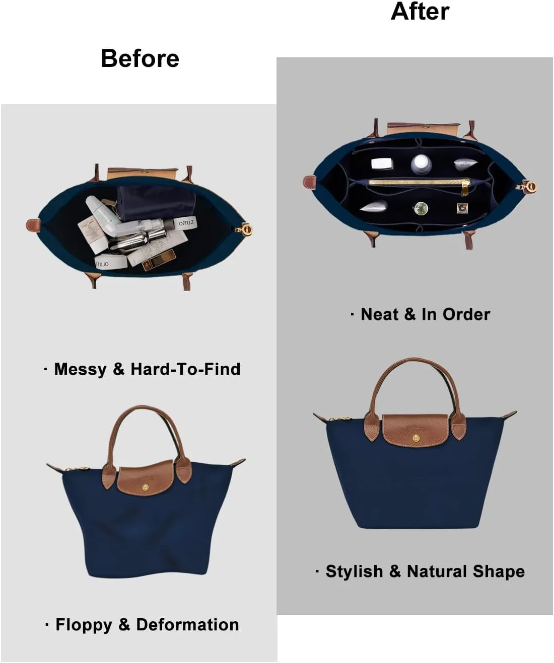 ZTUJO Purse Organizer Insert for le pliage, Compatible with Longchamp Le Pliage Top Handle S/M,Shoulder Bag S/L (Navy Blue, Small For Handle S)