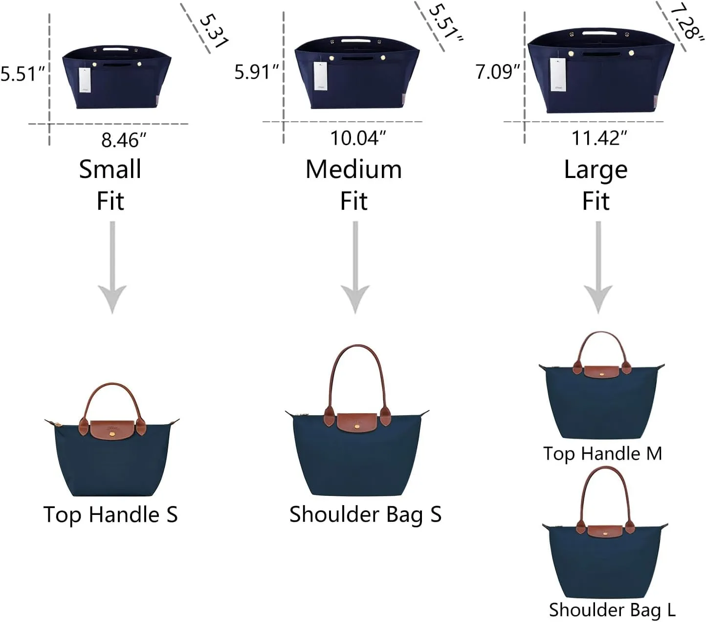 ZTUJO Purse Organizer Insert for le pliage, Compatible with Longchamp Le Pliage Top Handle S/M,Shoulder Bag S/L (Navy Blue, Small For Handle S)